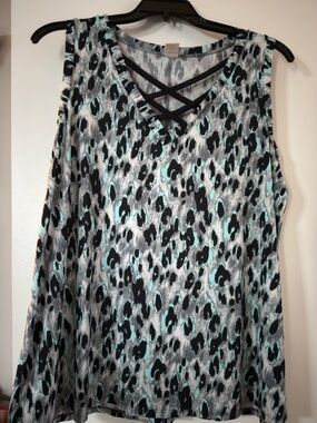 Sew In Love Sleeveless Crisscross V-Neck Leopard Print Tank - Gray & Mint